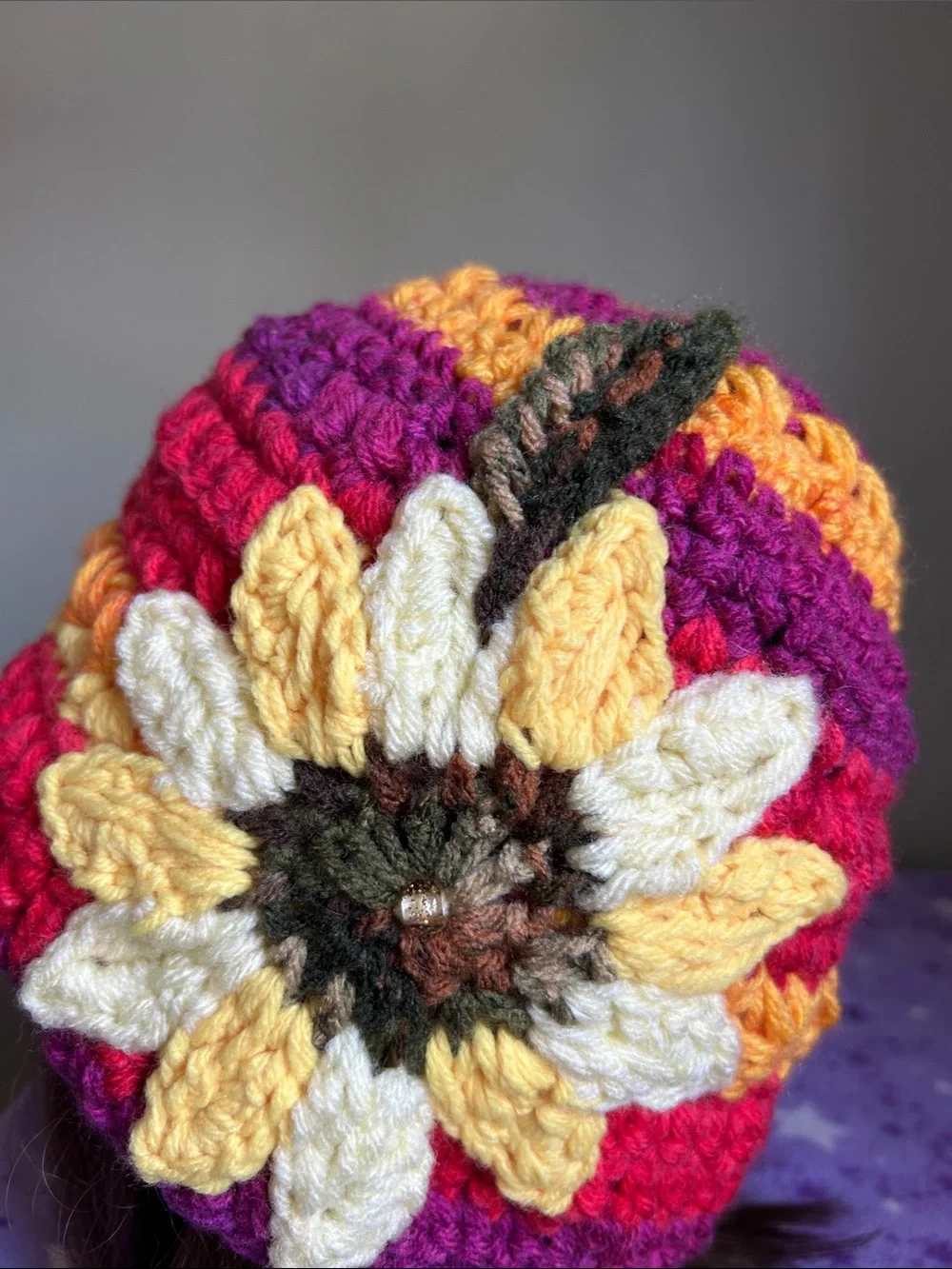 Hand-Crocheted Multicolor Sunflower Beanie - Yellow Accent medium
